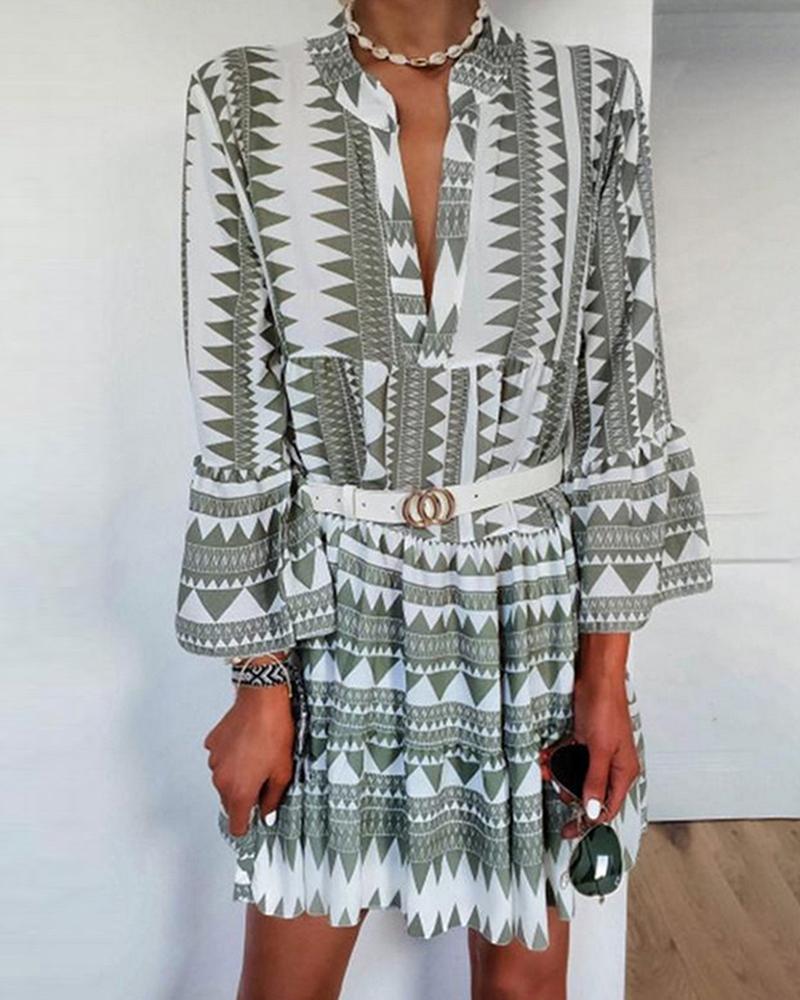 

Colorblock Geometric Print Bell Sleeve Casual Dress, Green