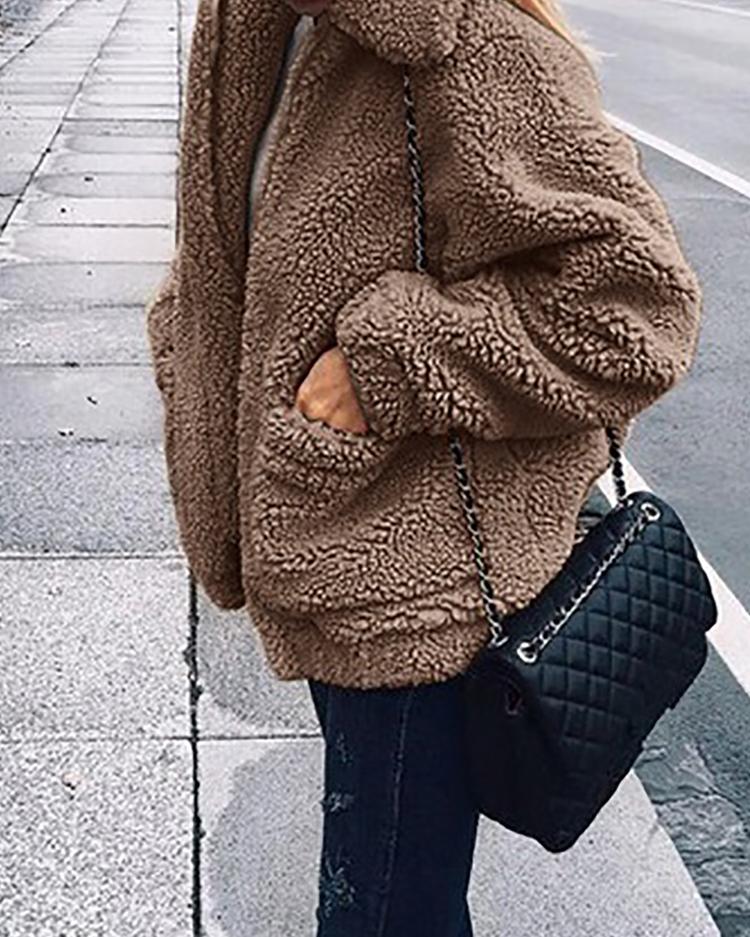 

Fluffy Zipper Up Pocket Design Oversized Coat, Khaki