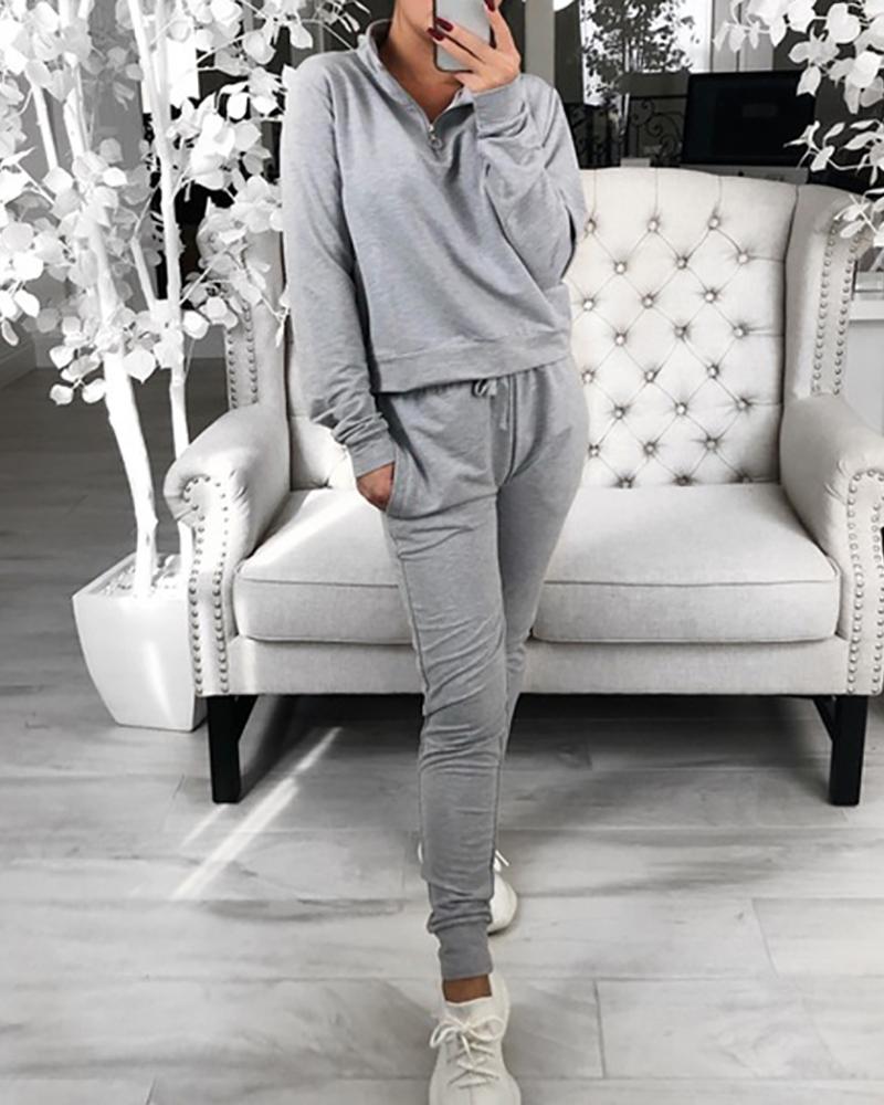 

Solid Zipped Top & Drawstring Design Pant Sets, Gray