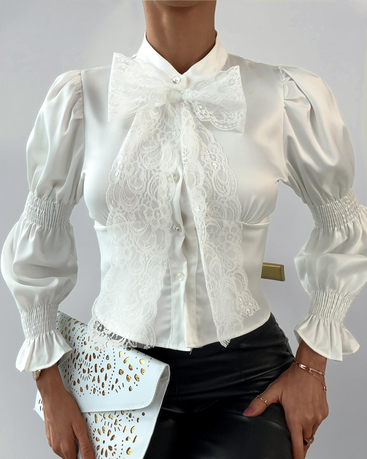 

Lace Tie Detail Puffed Sleeve Button Design Shirt, White
