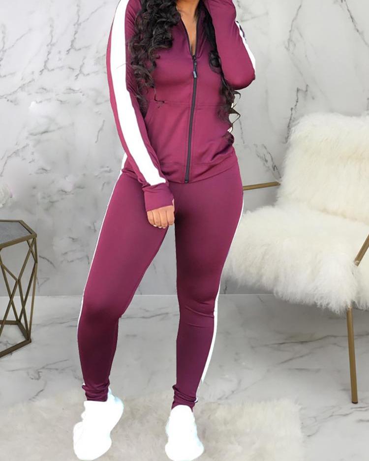 

Stripes Side Pocket Design Top & Pant Sets, Wine red