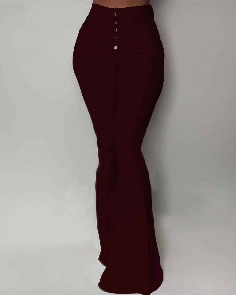 

Solid High Waist Slinky Bell-bottomed Pants, Wine red