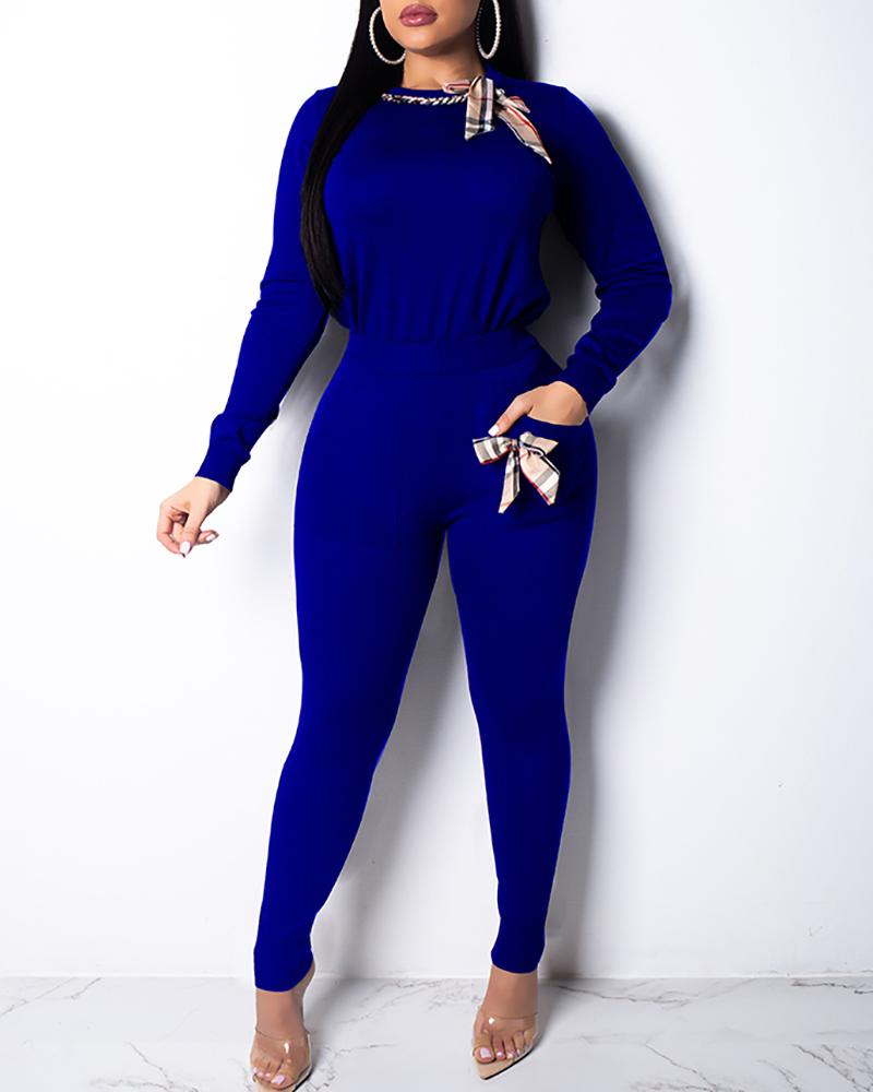 

Bowknot Embellished Casual Top & Pant Sets, Blue