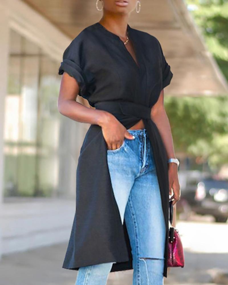 

Casual Short Sleeve Slit Top, Black