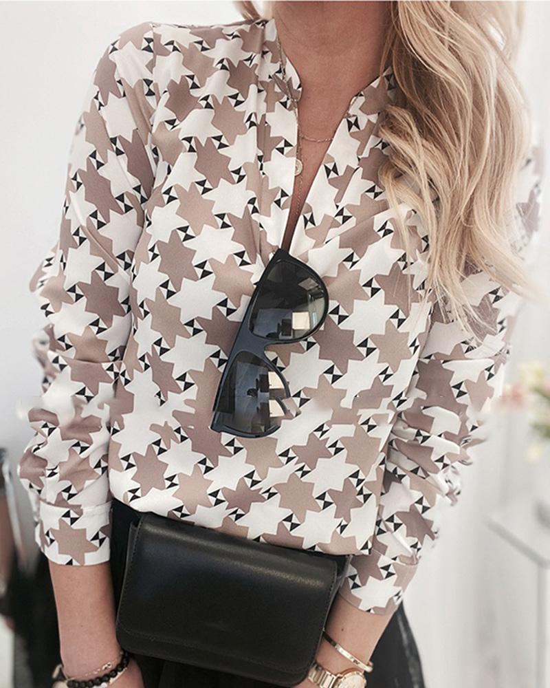 

Print Long Sleeve Casual Blouse, Nude