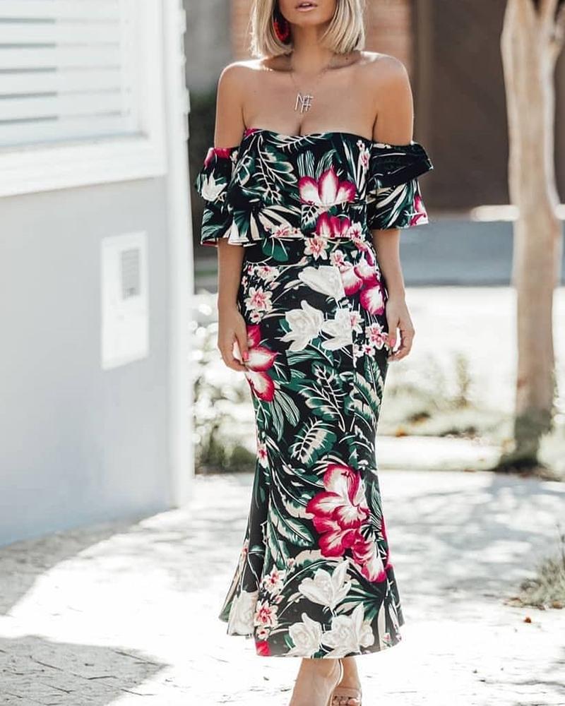 

Off Shoulder Floral Print Ruffles Fishtail Dress, Black