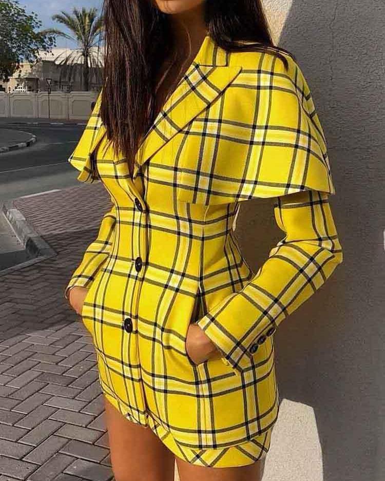 

Plaid Print Cape Design Blazer Dress, Yellow