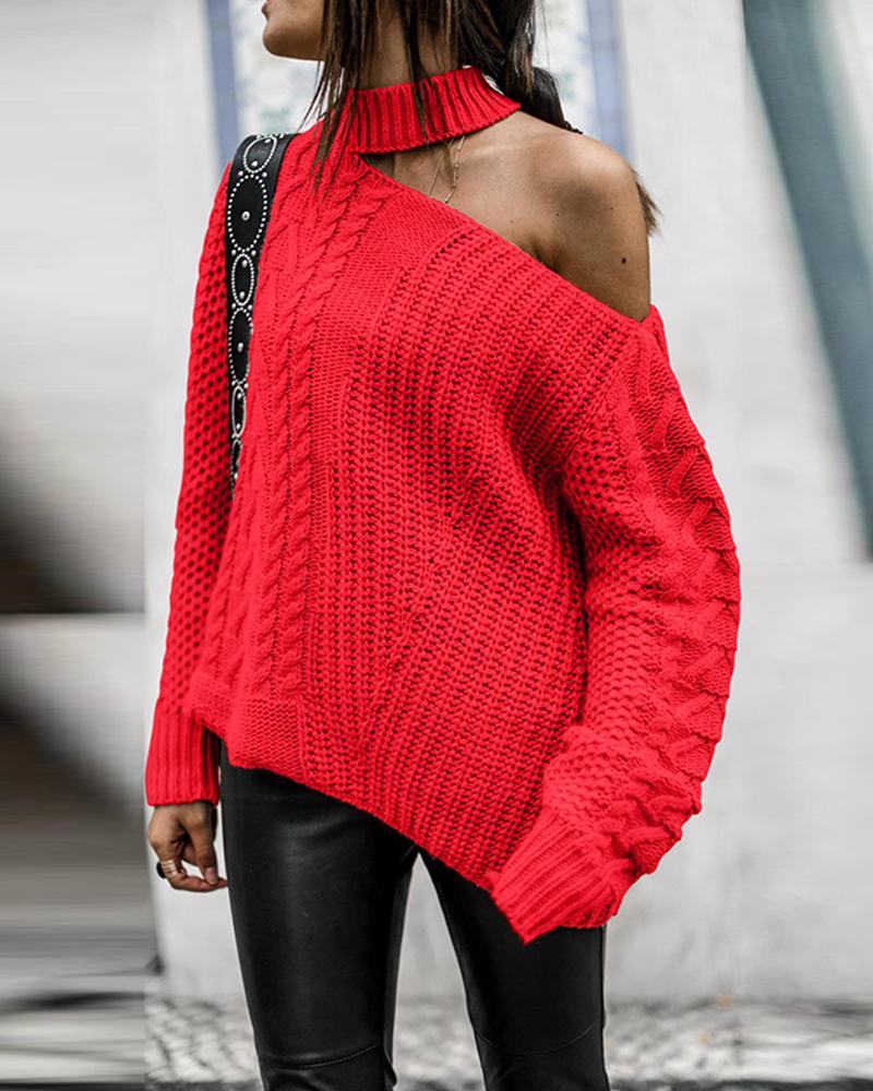 

One Shoulder Halter Neck Sweater, Red