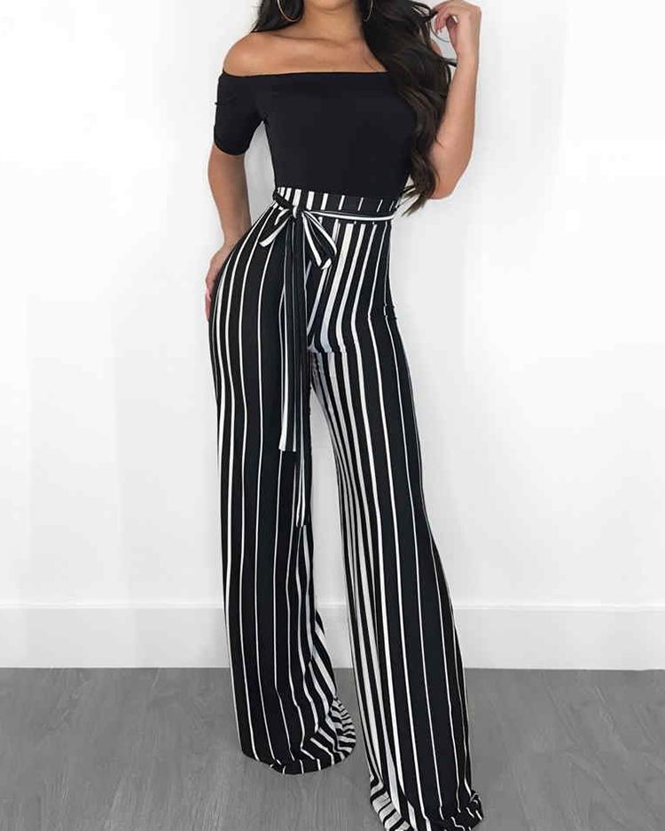 

Off Shoulder Striped Splicing Tied Waist Jumpsuit