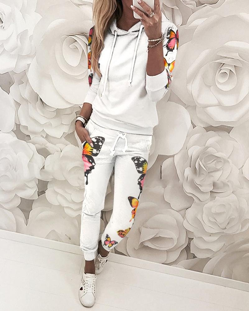 

Drawstring Butterfly Print Hooded Top & Pant Sets, White