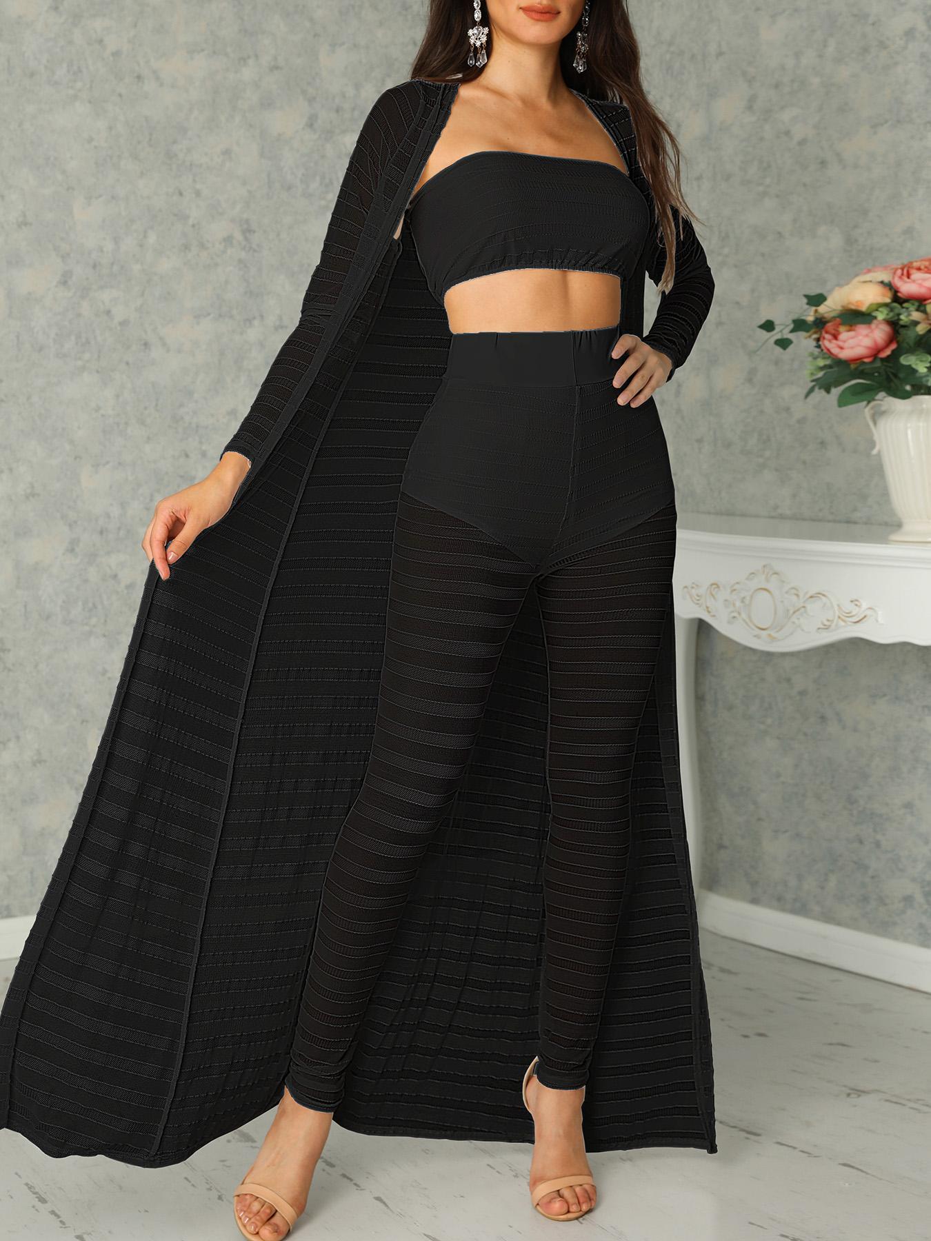 

Striped Mesh Strapless Top & Pants & Cardigan Set, Black