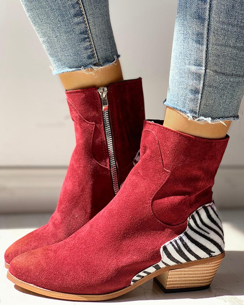 

Pointed Toe Zipper Zebra Print Chunky Heeled Boots, Wine red