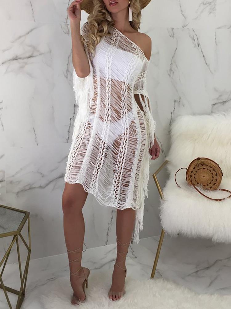 

Ripped Ladder Tassel Dress Beachwear Cover Up, White