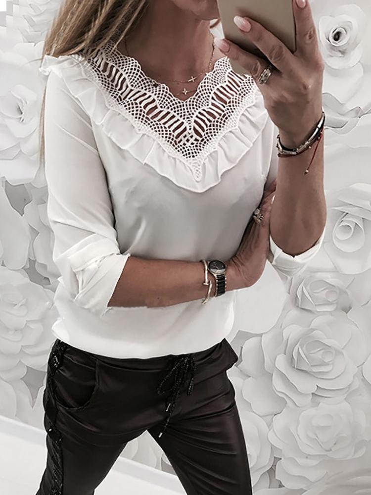 

Hollow Out Lace Neck Frills Detail Blouse