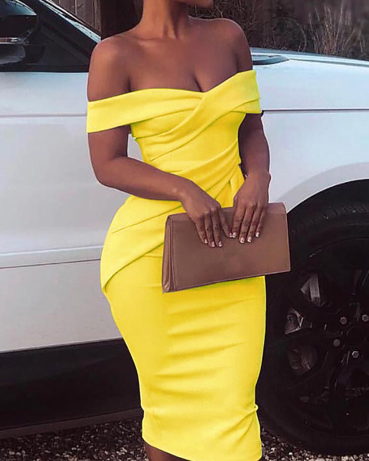 

Cross Over Off Shoulder Ruched Bodycon Dress, Yellow