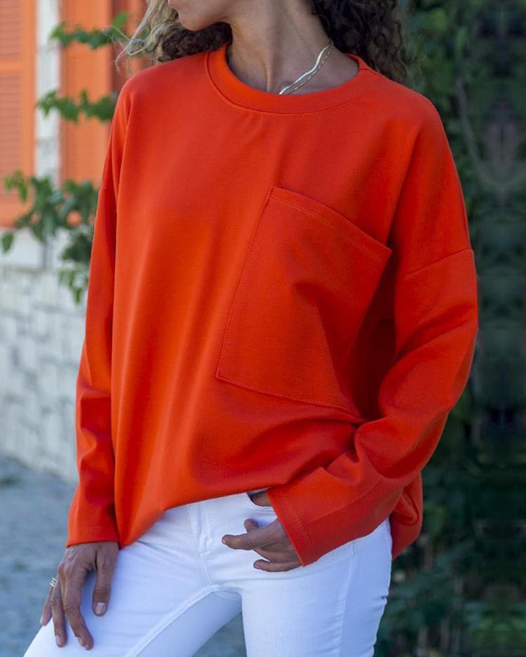 

Solid Pocket Design Loose T-shirt, Orange