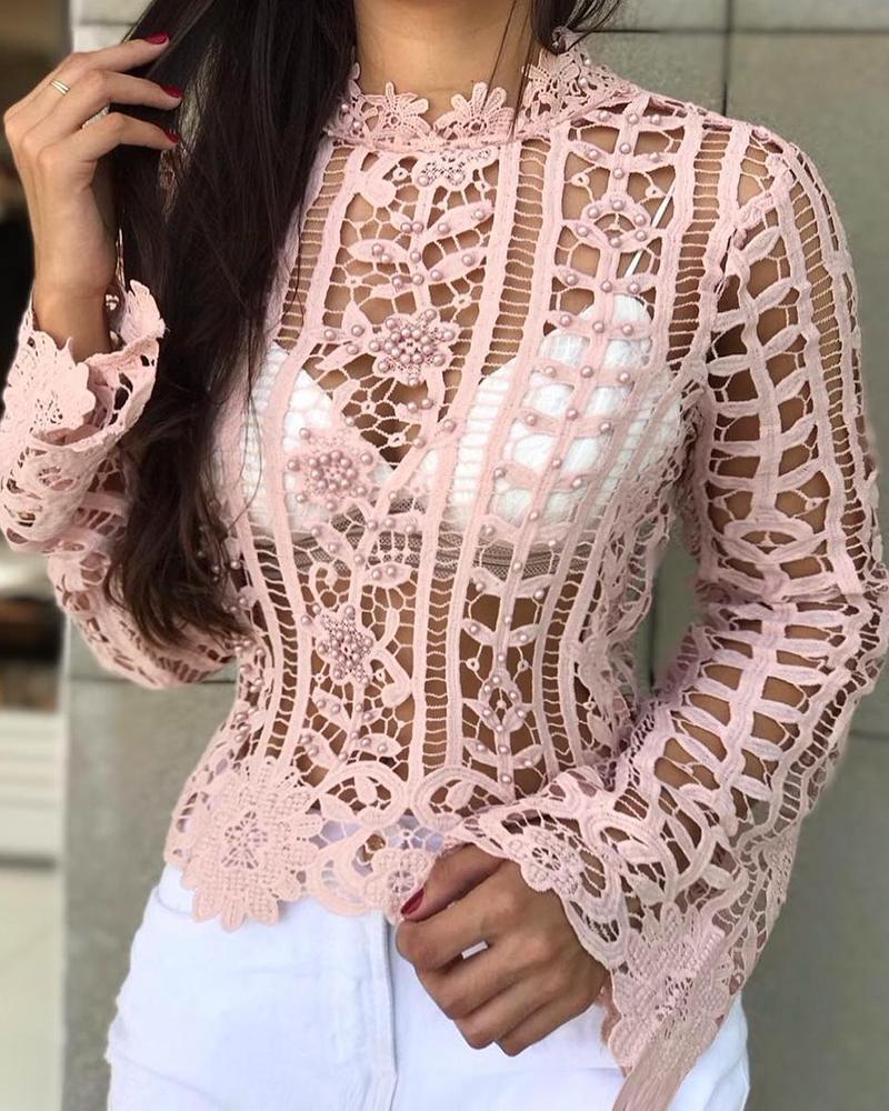

Beaded Hollow Out Lace Casual Blouse, Pink