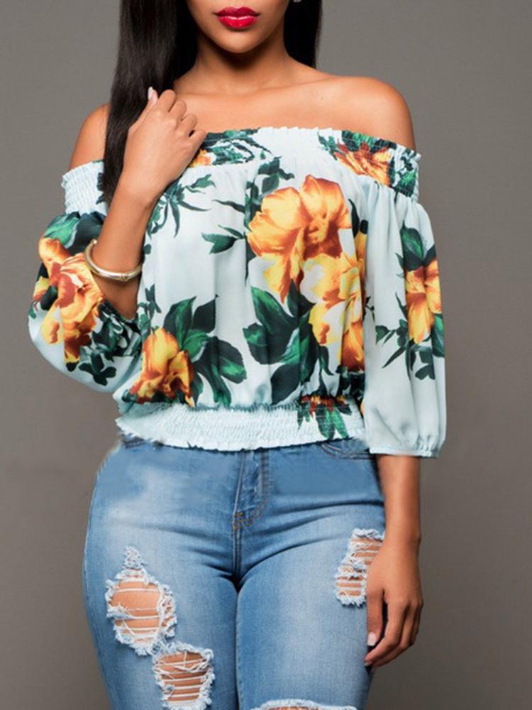 

Sexy 3/4 Sleeve Off Shoulder Flower Printed Blouse, Purplish blue