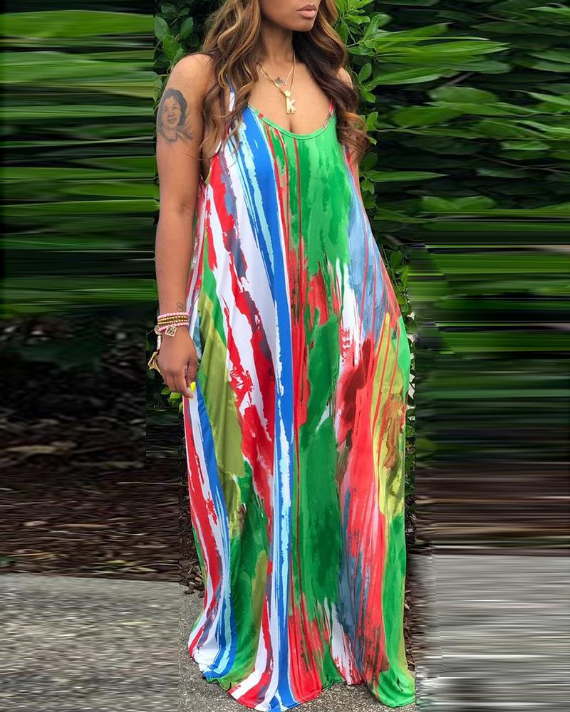 

Colorful Spaghetti Strap Casual Dress, Green