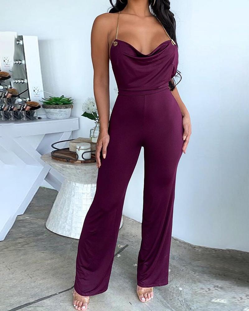 

Solid Spaghetti Strap Crisscross Backless Jumpsuit
