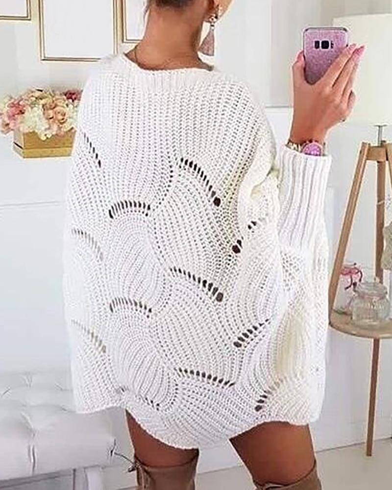 

Solid Hollow Out Batwing Sleeve Knit Sweater Dress, White