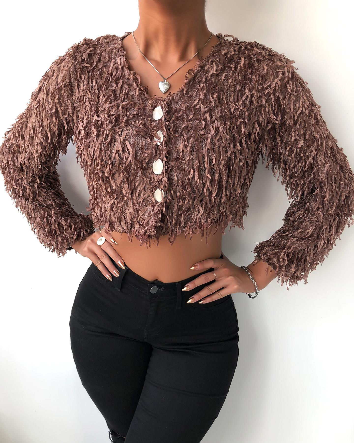 

Fluffy Buttoned Plain Blouse, Coffee
