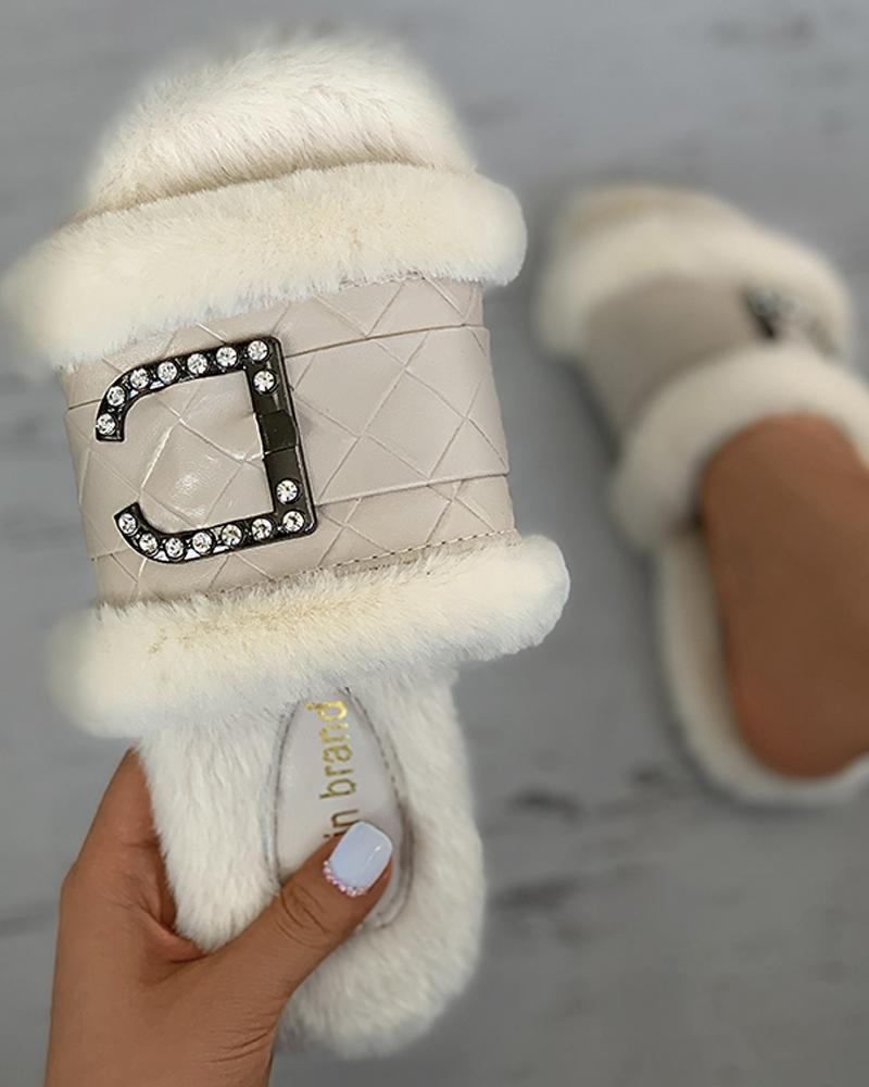 

Studded Quilted Fluffy Slippers, Beige