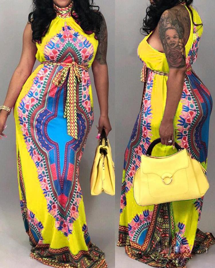 

Vintage Dashiki Print Halter Maxi Dress, Blue