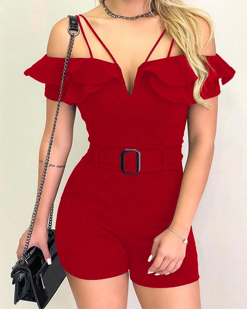 

Layered Ruffles Cold Shoulder Belted Romper, Red