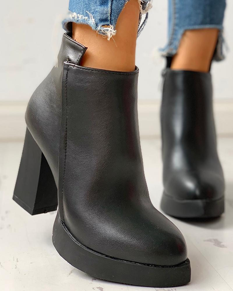 

Leather Pointed Toe Chunky Heeled Ankle-Boots, Black