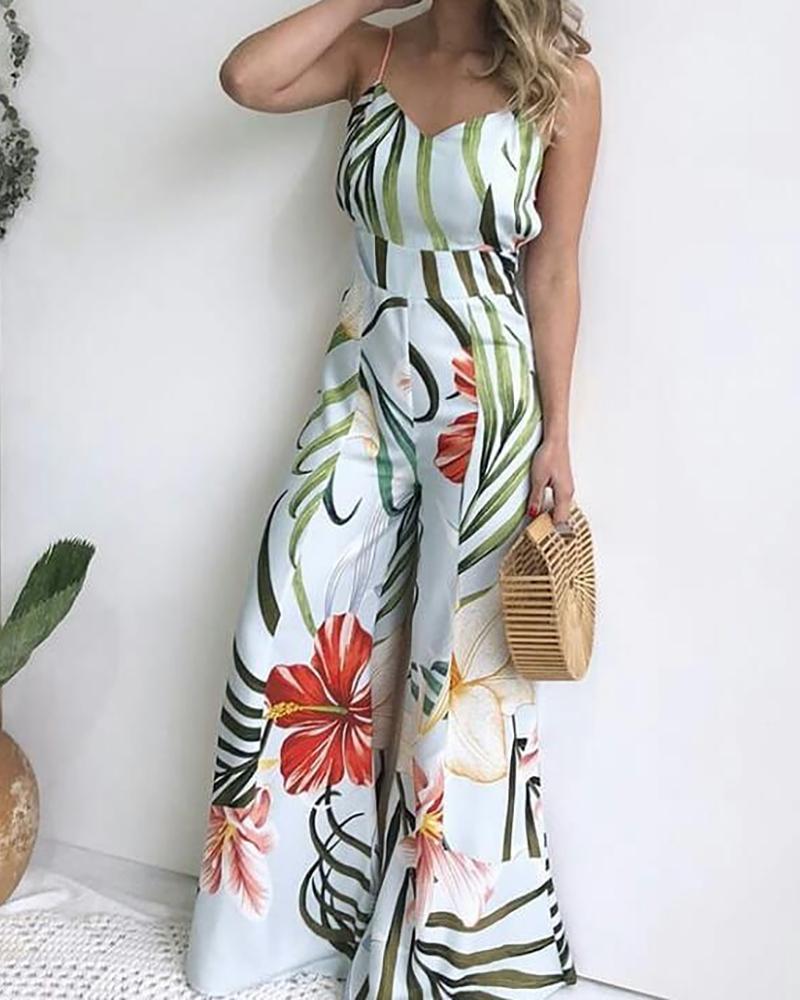 

Tropical Print Wide Leg Casual Jumpsuit, Light blue