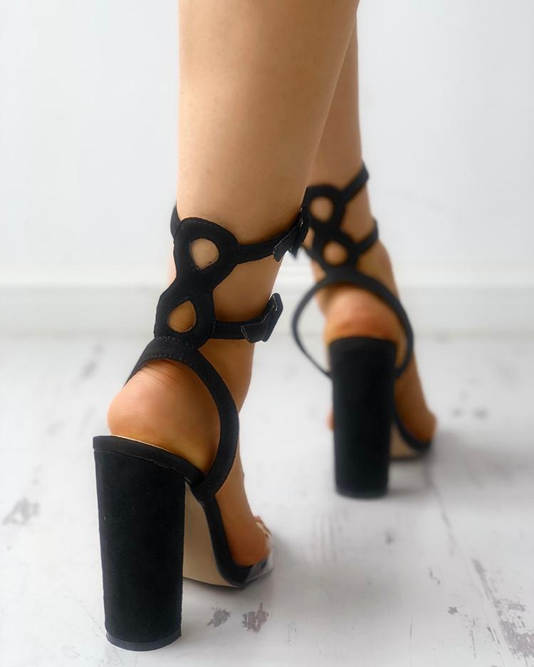 

Transparent Strap Buckled Chunky Heeled Sandals, Black