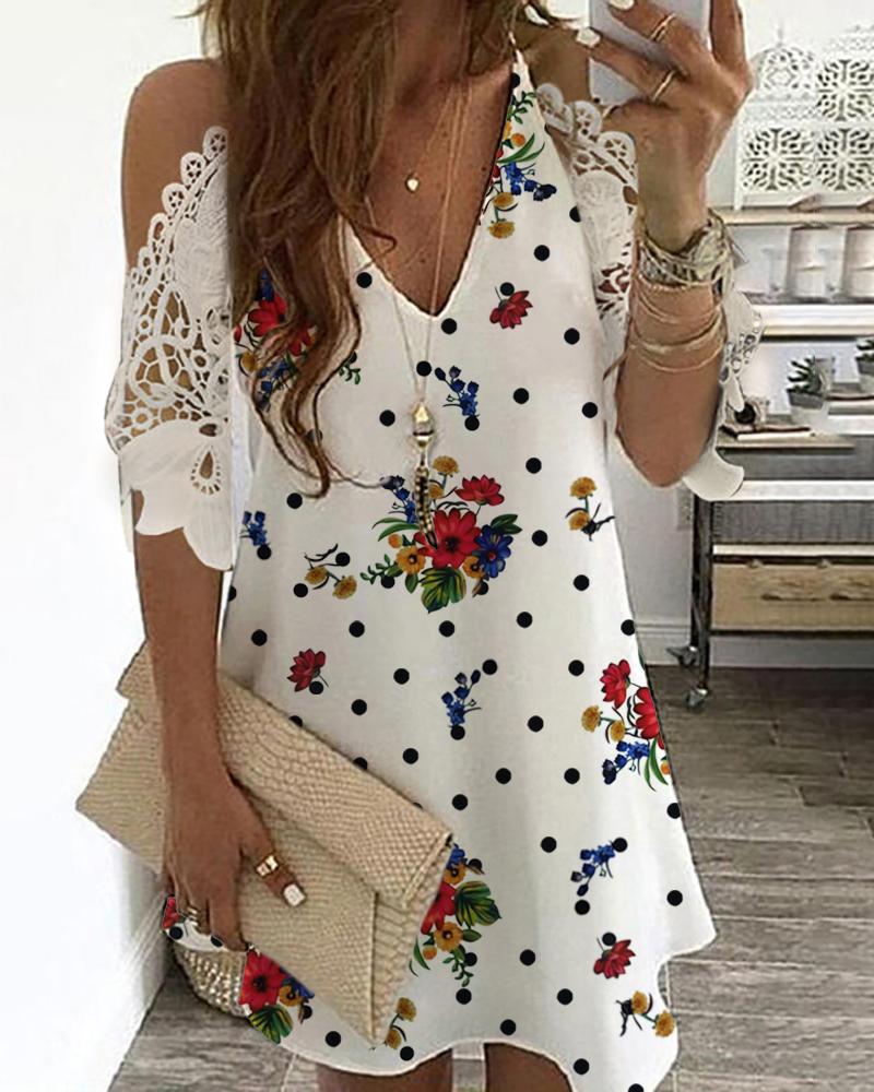 

Cold Shoulder Crochet Lace Floral Print Dress, White