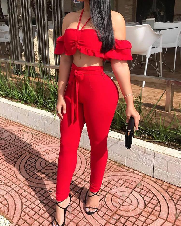 

Solid Drawstring Halter Frills Crop Top & Pants Set, Red