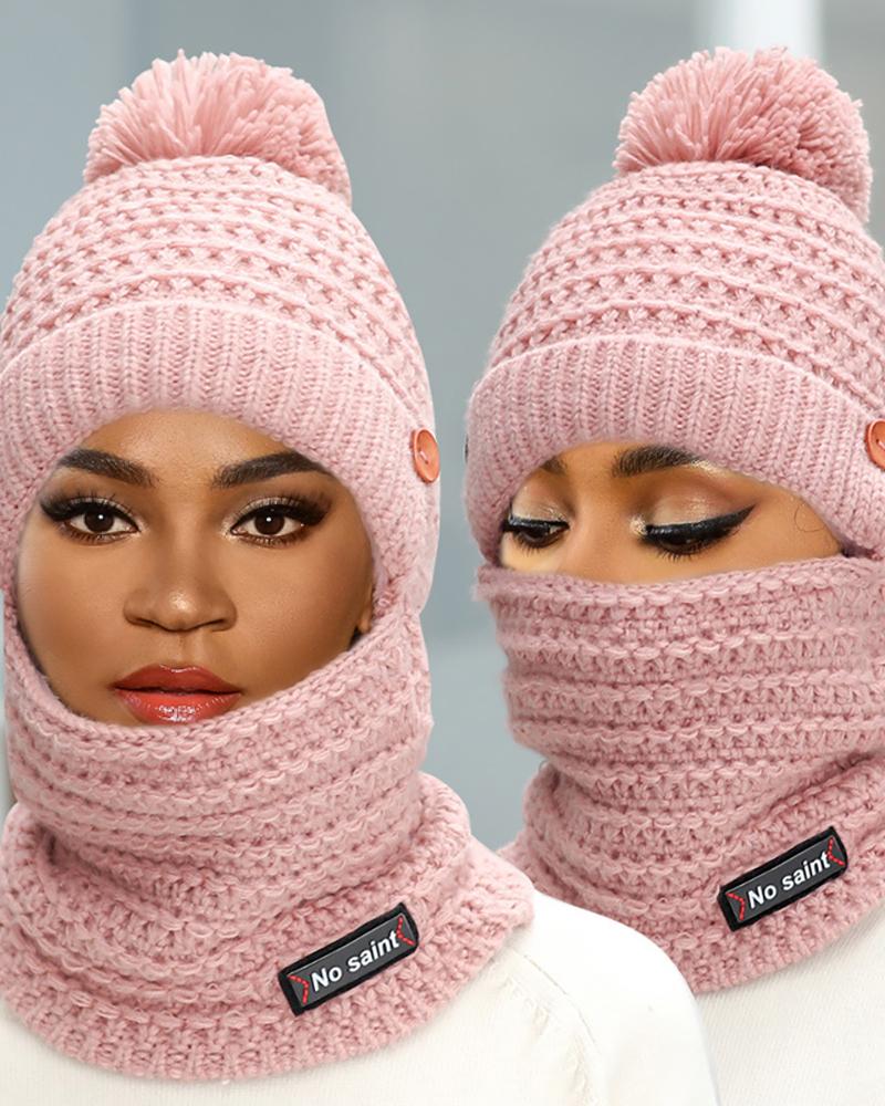 

2 In 1 Pom Pom Plain Knit Beanie, Pink