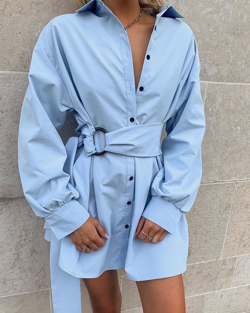 

Lantern Sleeve Buttoned Shirt Dress
