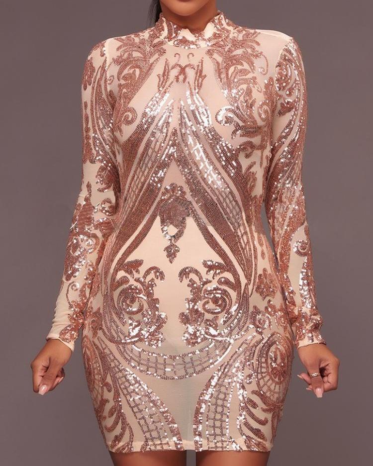 

Long Sleeve Mock Neck Sequin Party Dress, Apricot