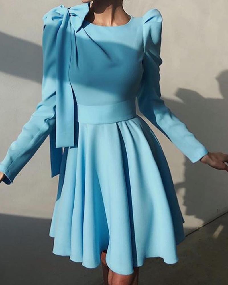 

Bowknot Design Plain Long Sleeve Dress, Blue