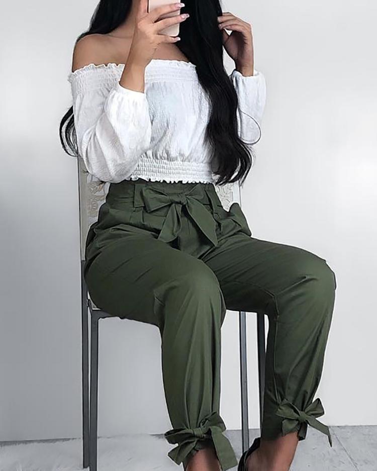 

Solid Ankle Tie High Waist Pants, Army green