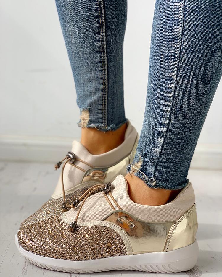 

Studded Detail Patchwork Casual Sneakers, Gold