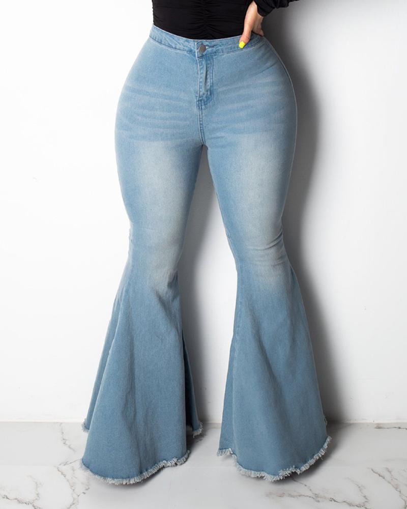 

High Waist Bell-bottomed Frayed Denim Pants, Blue