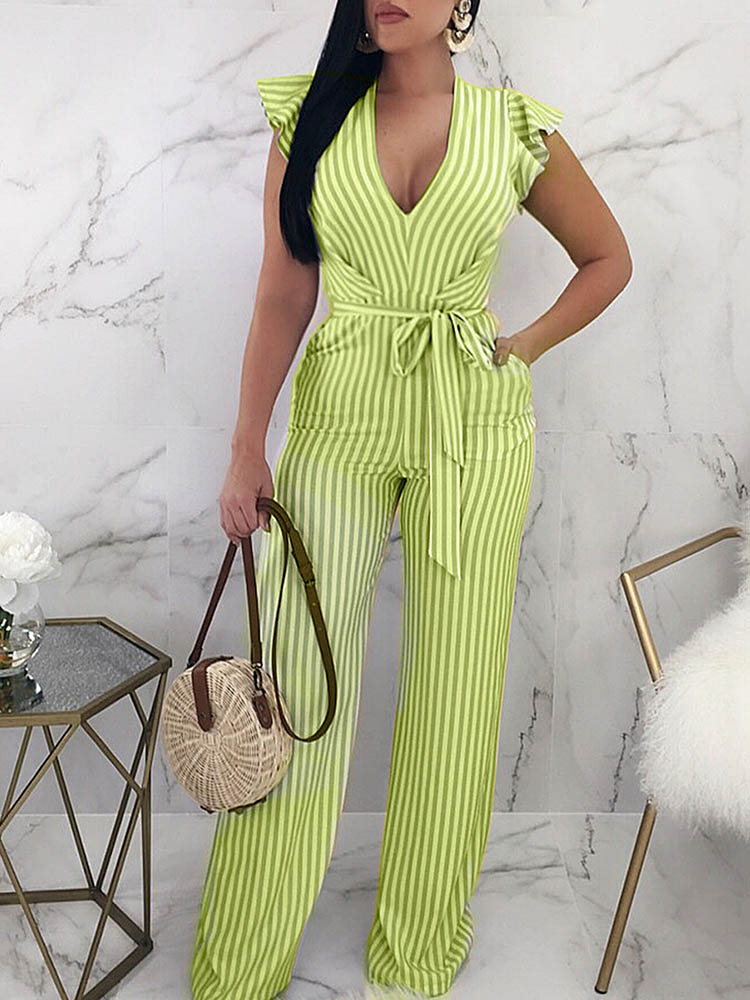 

Striped Tie Waist Cutout Back Flutter Sleeve Jumpsuit, Green