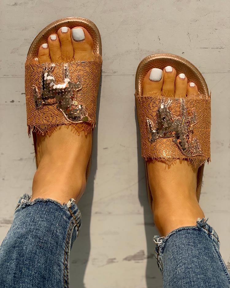 

Sequins Animal Pattern Flat Sandals