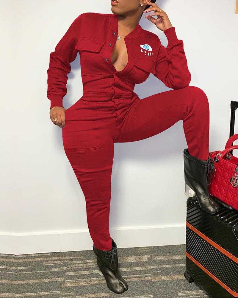 

Eyes Pattern Pocket Buttoned Jumpsuit, Red
