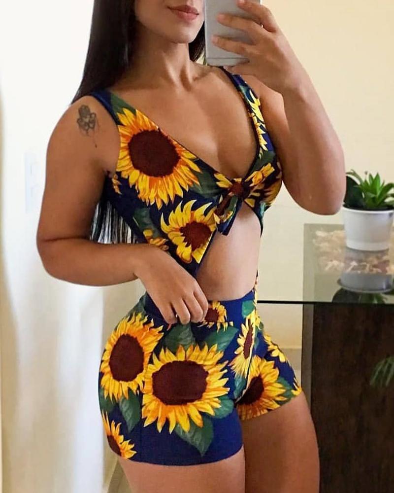 

Sunflower Print Cut Out Design Bandage Romper, Dark blue