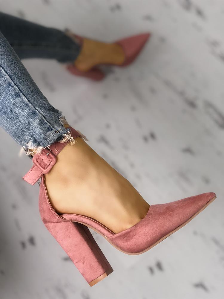

Solid Suede Pointed Toe Buckled Chunky Heels