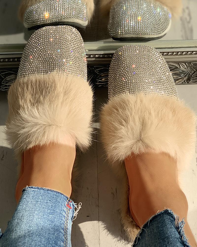 

Fluffy Glitter Sequins Flat Shoes, Beige