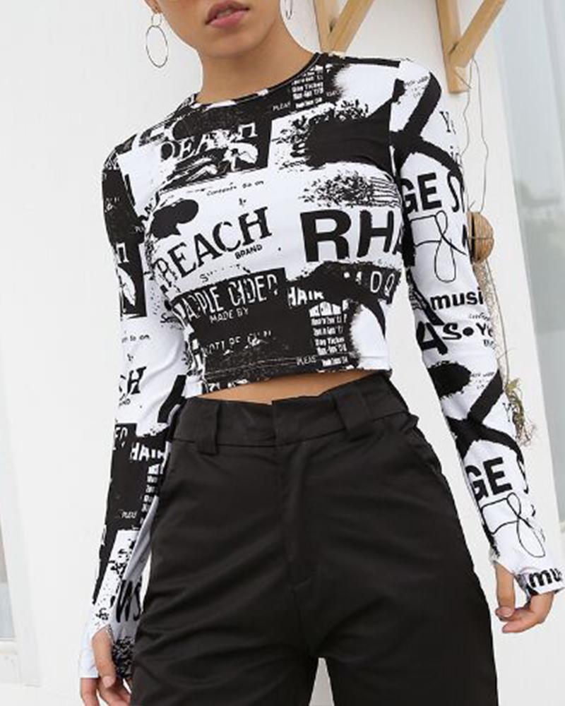 

Round Neck Printed Crop Top, Black&white