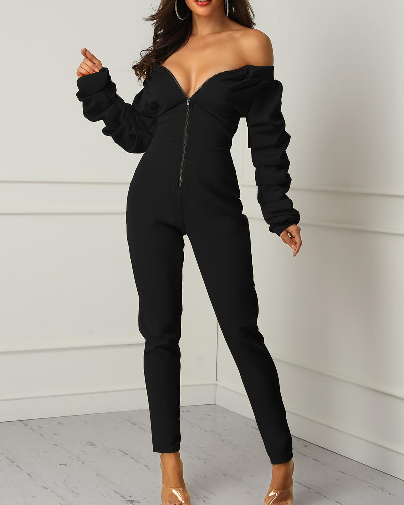 

Off Shoulder Heap Sleeve Zipper Jumpsuits, Black