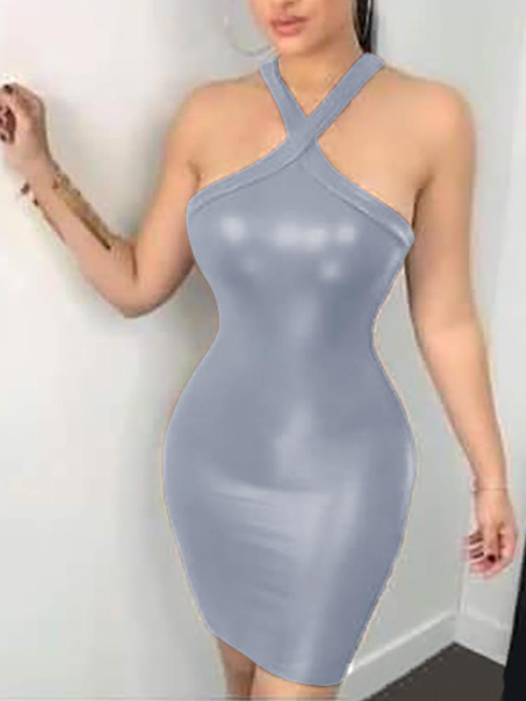 

Halter Backless Skinny PU Dress